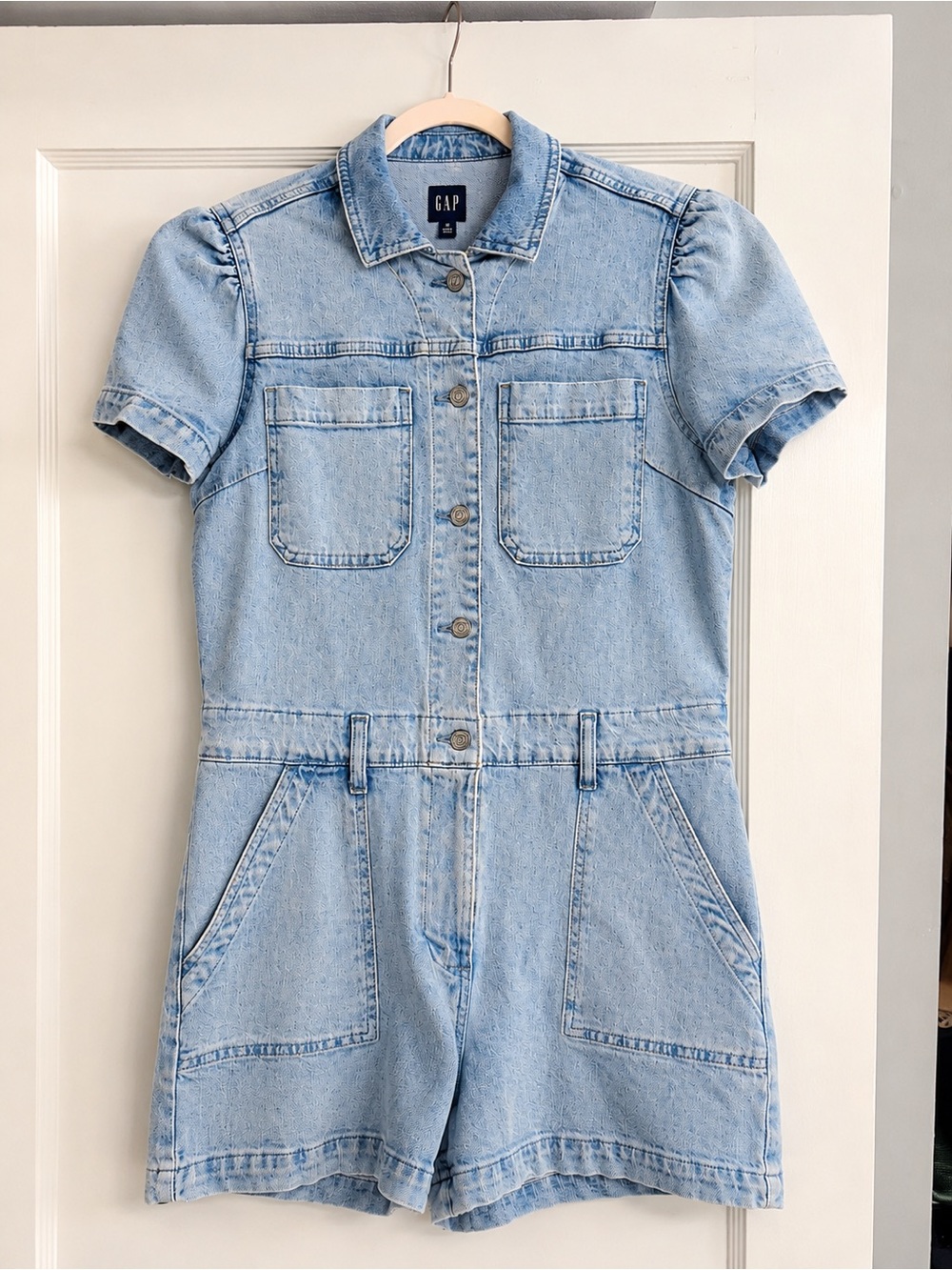 GAP Light Wash Denim Utility Romper Puff Sleeve Shorts Jumpsuit | Size 10 - Picture 7 of 8